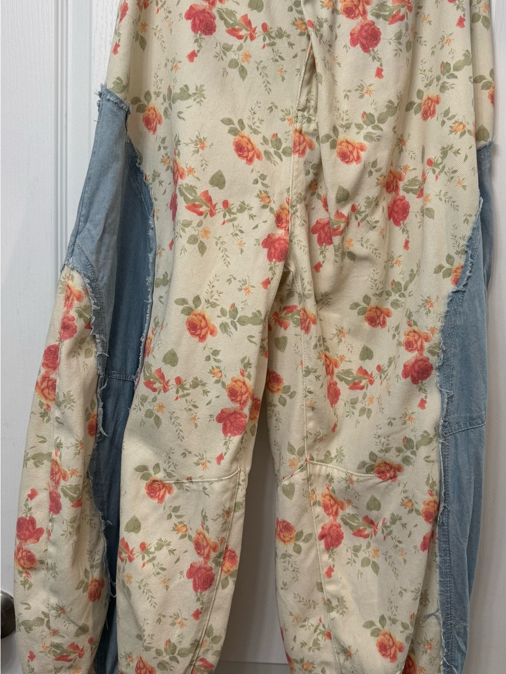 POL Floral Patchwork Wide Leg Jeans in Cream, Red, Green, Blue